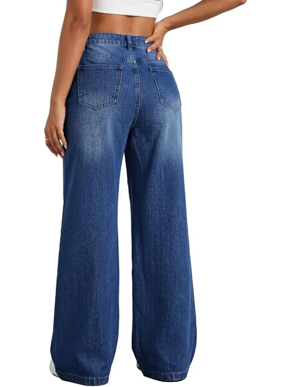 Women's Classic Blue Denim Y2k Straight Leg Button Zip High Waisted Baggy Jean